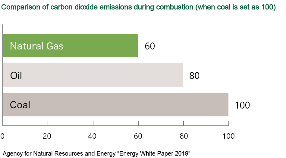 Comparison of carbon dioxide emissions during combustion (when coal is set as 100)